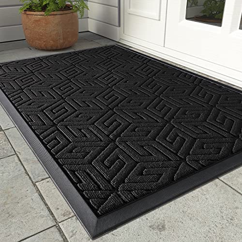 Yimobra Durable Front Door Mat, Heavy Duty Welcome Outdoor Indoor Doormat Entrance Floor Matt, Non Slip Rubber Backing, Easy Clean Shoe Scraper, Waterproof, Patio, Lawn, Garage, 17x29.5 Inch, Black