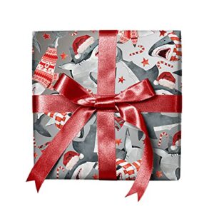 REVEL & Co Christmas Sharks FOLDED Wrapping Paper, Festive Great White Sharks with Santa Hats, 10 Feet Long Folded Boy's Christmas Giftwrap