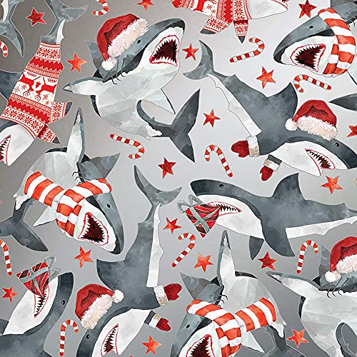 REVEL & Co Christmas Sharks FOLDED Wrapping Paper, Festive Great White Sharks with Santa Hats, 10 Feet Long Folded Boy's Christmas Giftwrap