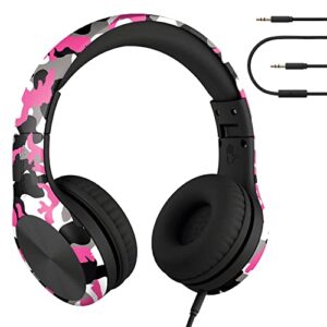 lilgadgets connect+ pro girls headphones for school - designed with kids' comfort in mind, foldable over-ear headset with in-line microphone, audiophile headphone, pink camo