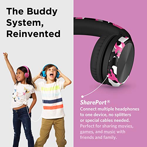 LilGadgets Connect+ Pro Girls Headphones for School - Designed with Kids' Comfort in Mind, Foldable Over-Ear Headset with in-line Microphone, Audiophile Headphone, Pink Camo