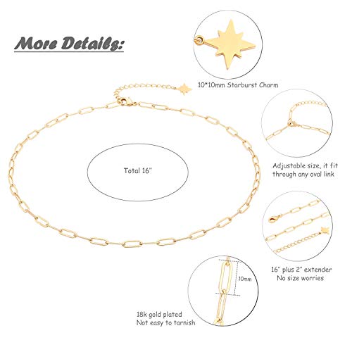 Aobei Pearl 18k Gold Oval Link Chain Choker Paperclip Necklace North Star Charm Short Adjustable Layering Necklace Minimalist Jewelry for Women 16’’