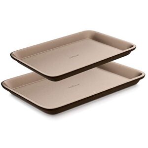 nutrichef nonstick cookie sheet baking pan | 2pc large and medium metal oven baking tray - professional quality kitchen cooking non-stick bake trays w/rimmed borders, guaranteed not to wrap