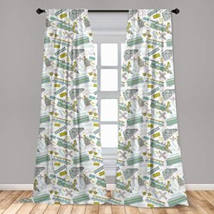 ambesonne steam engine window curtains, choo choo train boy pattern blue green number plate vintage, lightweight decor 2-panel set with rod pocket, pair of - 28" x 84", apple green