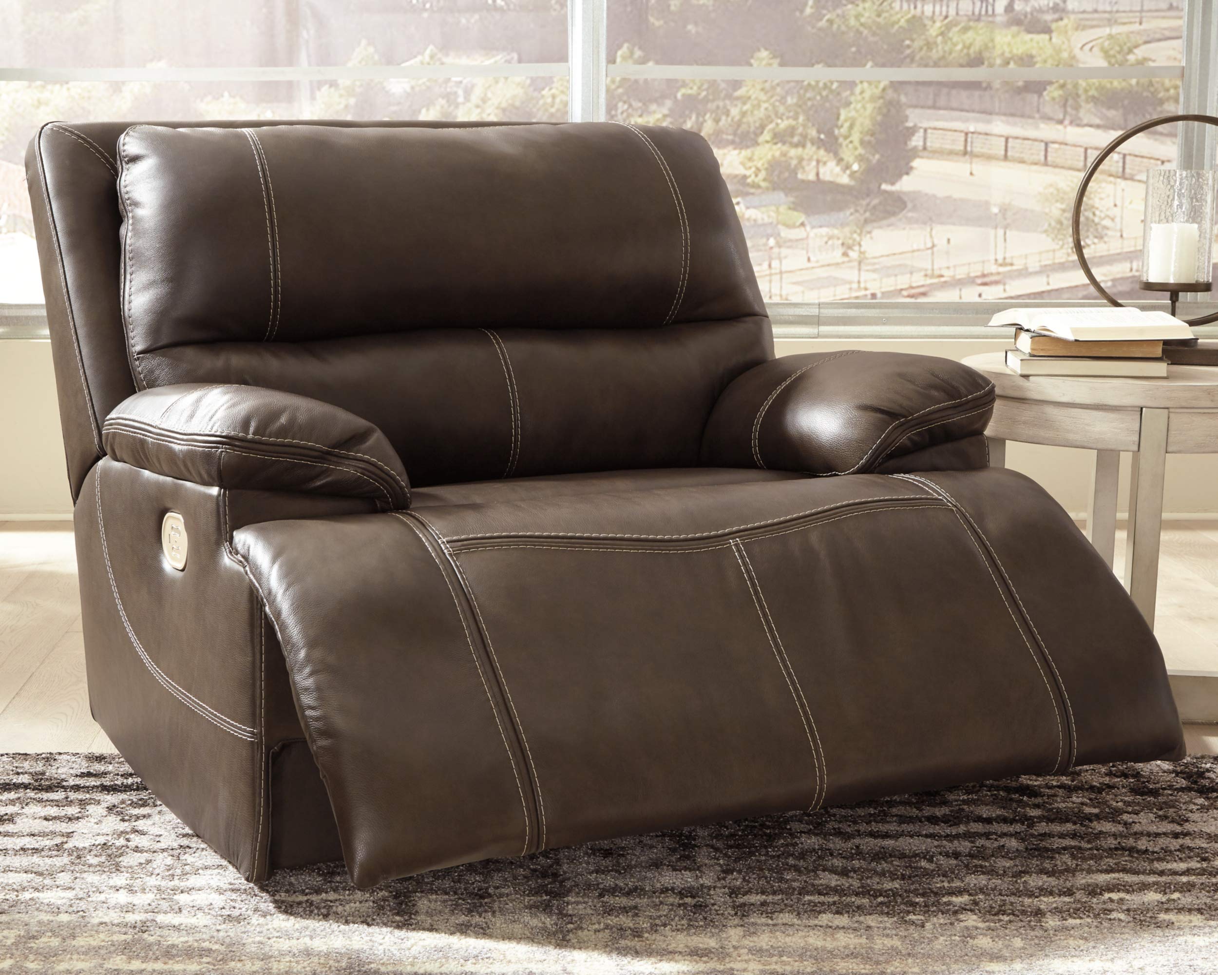 Signature Design by Ashley Ricmen Leather Adjustable Oversized Power Recliner with USB Charging, Dark Brown