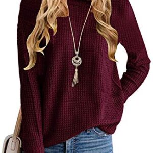 MEROKEETY Women's Long Sleeve Waffle Knit Sweater Crew Neck Solid Color Pullover Jumper Tops Wine