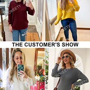 MEROKEETY Women's Long Sleeve Waffle Knit Sweater Crew Neck Solid Color Pullover Jumper Tops Wine