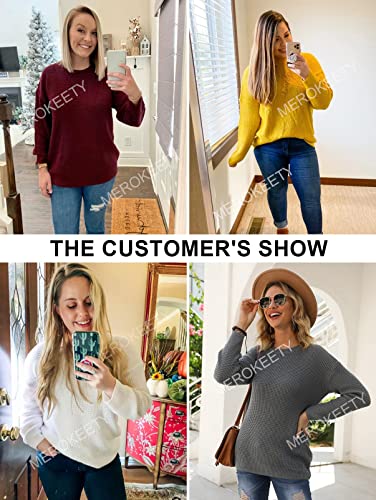 MEROKEETY Women's Long Sleeve Waffle Knit Sweater Crew Neck Solid Color Pullover Jumper Tops Wine