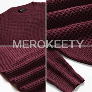 MEROKEETY Women's Long Sleeve Waffle Knit Sweater Crew Neck Solid Color Pullover Jumper Tops Wine
