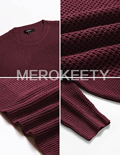 MEROKEETY Women's Long Sleeve Waffle Knit Sweater Crew Neck Solid Color Pullover Jumper Tops Wine