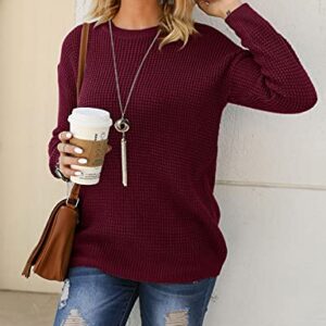 MEROKEETY Women's Long Sleeve Waffle Knit Sweater Crew Neck Solid Color Pullover Jumper Tops Wine