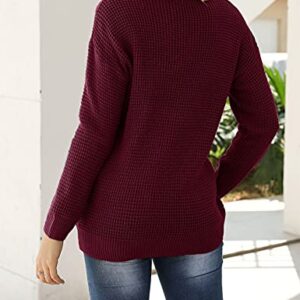 MEROKEETY Women's Long Sleeve Waffle Knit Sweater Crew Neck Solid Color Pullover Jumper Tops Wine