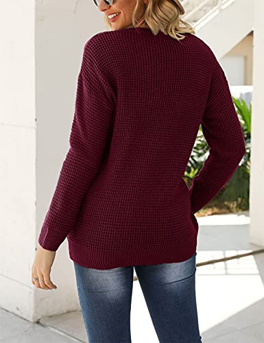 MEROKEETY Women's Long Sleeve Waffle Knit Sweater Crew Neck Solid Color Pullover Jumper Tops Wine