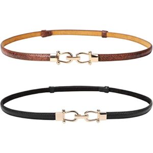 jasgood leather skinny women belt thin waist belts for dresses up to 37 inches with golden buckle 2 pack (02-black+brown, waist size below 37 inches)