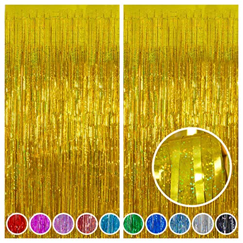 Melsan Gold Foil Curtain, 2 Pack 3.2 ft x 8.2 ft Tinsel Foil Fringe Curtains Backdrop, Sparkle Metallic Foil Fringe Curtains for Party Photo Booth Props Decoration