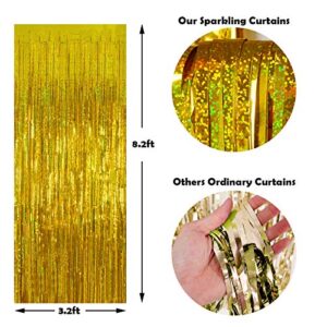 Melsan Gold Foil Curtain, 2 Pack 3.2 ft x 8.2 ft Tinsel Foil Fringe Curtains Backdrop, Sparkle Metallic Foil Fringe Curtains for Party Photo Booth Props Decoration