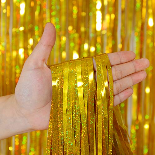 Melsan Gold Foil Curtain, 2 Pack 3.2 ft x 8.2 ft Tinsel Foil Fringe Curtains Backdrop, Sparkle Metallic Foil Fringe Curtains for Party Photo Booth Props Decoration