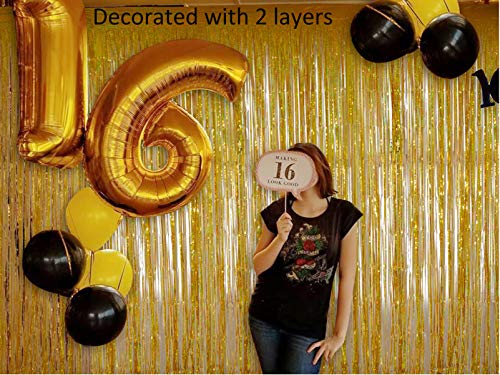 Melsan Gold Foil Curtain, 2 Pack 3.2 ft x 8.2 ft Tinsel Foil Fringe Curtains Backdrop, Sparkle Metallic Foil Fringe Curtains for Party Photo Booth Props Decoration