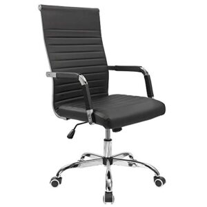 furmax ribbed office desk chair mid-back pu leather executive conference task chair adjustable swivel chair with arms (black)