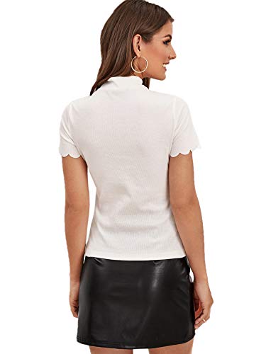 SweatyRocks Women's Mock Neck Ribbed Knit Scallop Short Sleeve T Shirt Tops White M