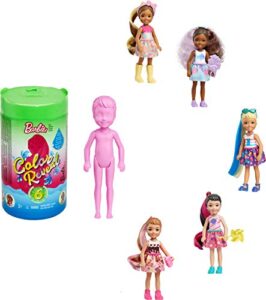 barbie color reveal chelsea doll with 6 surprises: water reveals doll’s look & creates color change on leotard graphic