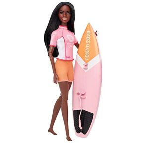 barbie olympic games tokyo 2020 surfer doll with surf uniform, tokyo 2020 jacket, medal, tokyo 2020 surfboard with fins for ages 3 and up