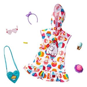 barbie storytelling fashion pack of doll clothes inspired by minions: hoodie dress and 6 accessories dolls, gift for 3 to 8 year olds