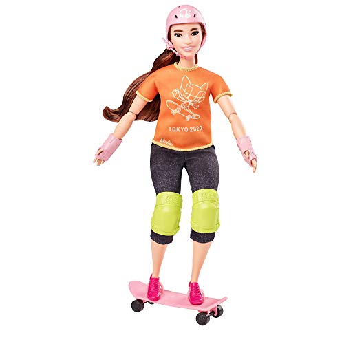 Barbie Olympic Games Tokyo 2020 Skateboarder Doll with Uniform, Tokyo 2020 Jacket, Medal, Skateboard, Wrist and Kneepads for Ages 3 and Up