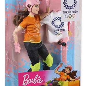 Barbie Olympic Games Tokyo 2020 Skateboarder Doll with Uniform, Tokyo 2020 Jacket, Medal, Skateboard, Wrist and Kneepads for Ages 3 and Up