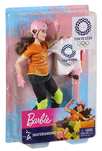 Barbie Olympic Games Tokyo 2020 Skateboarder Doll with Uniform, Tokyo 2020 Jacket, Medal, Skateboard, Wrist and Kneepads for Ages 3 and Up