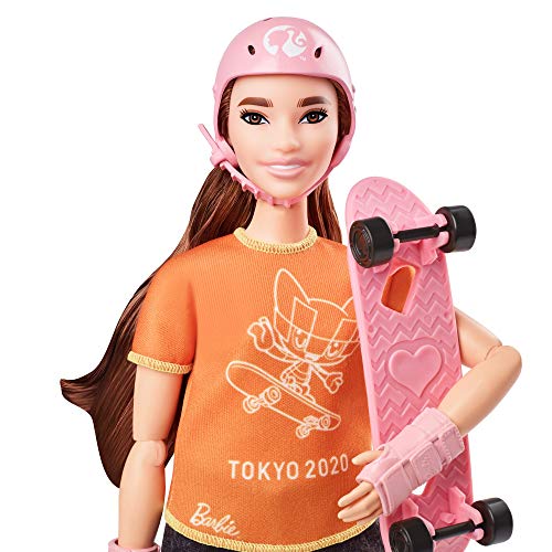 Barbie Olympic Games Tokyo 2020 Skateboarder Doll with Uniform, Tokyo 2020 Jacket, Medal, Skateboard, Wrist and Kneepads for Ages 3 and Up