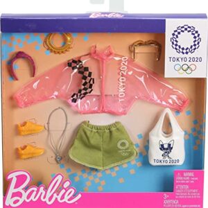 Barbie Storytelling Fashion Pack of Doll Clothes Inspired by The Olympic Games Tokyo 2020: Pink Transparent Jacket, Shorts and 6 Accessories Dolls, Gift for 3 to 8 Year Olds