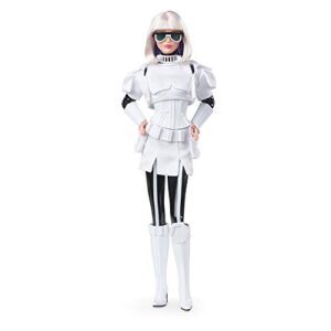 barbie collector star wars stormtrooper x doll (~12-inch) in black and white fashion and accessories, with doll stand and certificate of authenticity