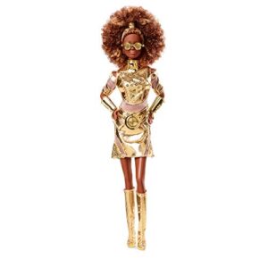 barbie collector star wars c-3po x barbie doll (~12-inch) in gold fashion and accessories, with doll stand and certificate of authenticity
