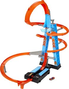 hot wheels sky crash tower track set, 2.5+ ft high with motorized booster, orange track & 1 hot wheels vehicle, race multiple cars, gift for kids 5 to 10 years old & up