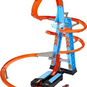 Hot Wheels Sky Crash Tower Track Set, 2.5+ ft High with Motorized Booster, Orange Track & 1 Hot Wheels Vehicle, Race Multiple Cars, Gift for Kids 5 to 10 Years Old & Up