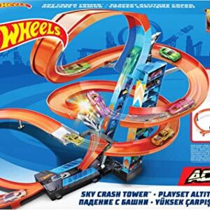 Hot Wheels Sky Crash Tower Track Set, 2.5+ ft High with Motorized Booster, Orange Track & 1 Hot Wheels Vehicle, Race Multiple Cars, Gift for Kids 5 to 10 Years Old & Up