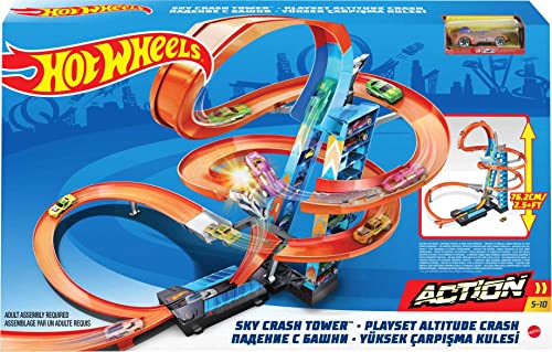 Hot Wheels Sky Crash Tower Track Set, 2.5+ ft High with Motorized Booster, Orange Track & 1 Hot Wheels Vehicle, Race Multiple Cars, Gift for Kids 5 to 10 Years Old & Up