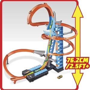 Hot Wheels Sky Crash Tower Track Set, 2.5+ ft High with Motorized Booster, Orange Track & 1 Hot Wheels Vehicle, Race Multiple Cars, Gift for Kids 5 to 10 Years Old & Up