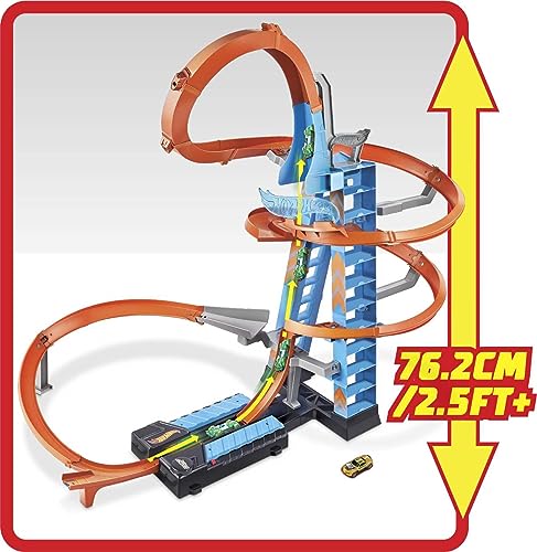 Hot Wheels Sky Crash Tower Track Set, 2.5+ ft High with Motorized Booster, Orange Track & 1 Hot Wheels Vehicle, Race Multiple Cars, Gift for Kids 5 to 10 Years Old & Up