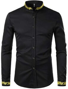 zeroyaa men's luxury gold embroidery design slim fit long sleeve button up dress shirts zhcl44-black large