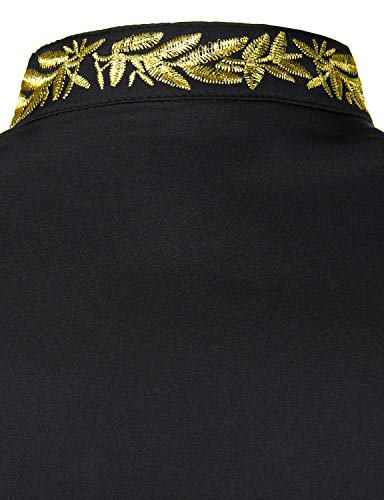 ZEROYAA Men's Luxury Gold Embroidery Design Slim Fit Long Sleeve Button Up Dress Shirts ZHCL44-Black Large