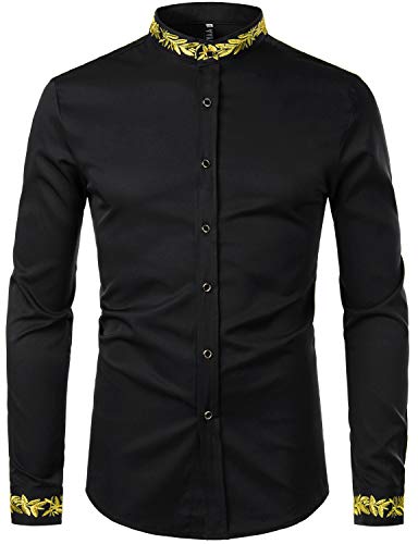 ZEROYAA Men's Luxury Gold Embroidery Design Slim Fit Long Sleeve Button Up Dress Shirts ZHCL44-Black Large