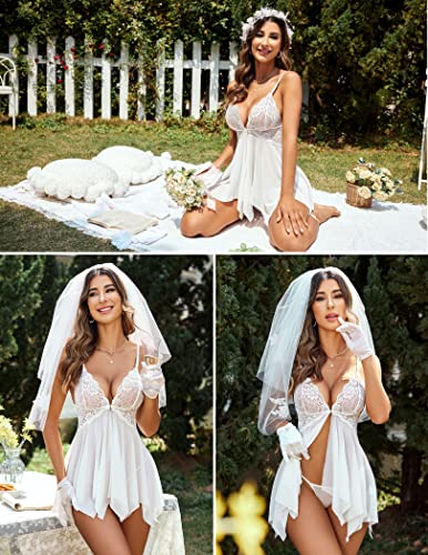 Avidlove Wedding Lingerie for Women Lace Babydoll Strap Chemise Sleepwear Honeymoon Nightwear White