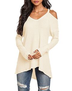 yoins pullover sweaters for women jumpers sexy v neck cold shoulder long sleeves casual loose fashion knitted tee tops blouse newvsn001-beige s