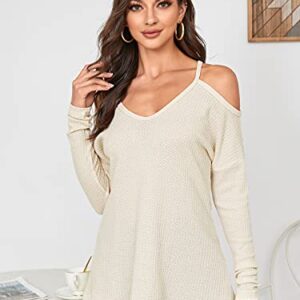 YOINS Pullover Sweaters for Women Jumpers Sexy V Neck Cold Shoulder Long Sleeves Casual Loose Fashion Knitted Tee Tops Blouse NEWVSN001-Beige S