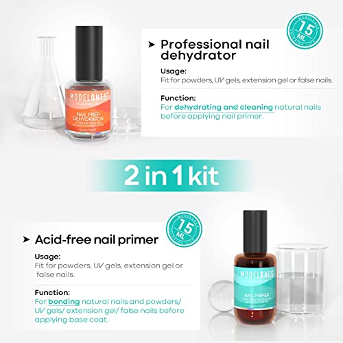 modelones 15ml Gel Nail Polish Nail Dehydrator and Primer, 2Pcs Acid Free Natural Nail Prep Dehydrate & Bond Primer Nail Bond, Air Dry Superior Bonding Primer for Acrylic Powder Nail Supplies Set