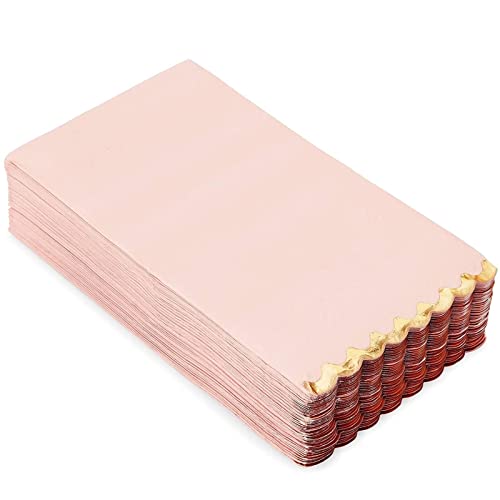 50 Pack Pink Paper Dinner Napkins with Gold Foil Scalloped Edges for Birthday Party, Wedding (3-Ply, 4 x 8 In)