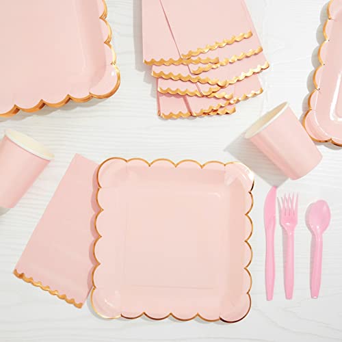 50 Pack Pink Paper Dinner Napkins with Gold Foil Scalloped Edges for Birthday Party, Wedding (3-Ply, 4 x 8 In)