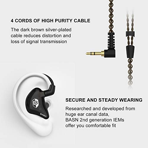 BASN in Ear Monitor Headphones for Musicians, Bsinger 2nd Generation Sound Isolating Earphones with Dual Dynamic Drivers Detachable MMCX Cable (Black)